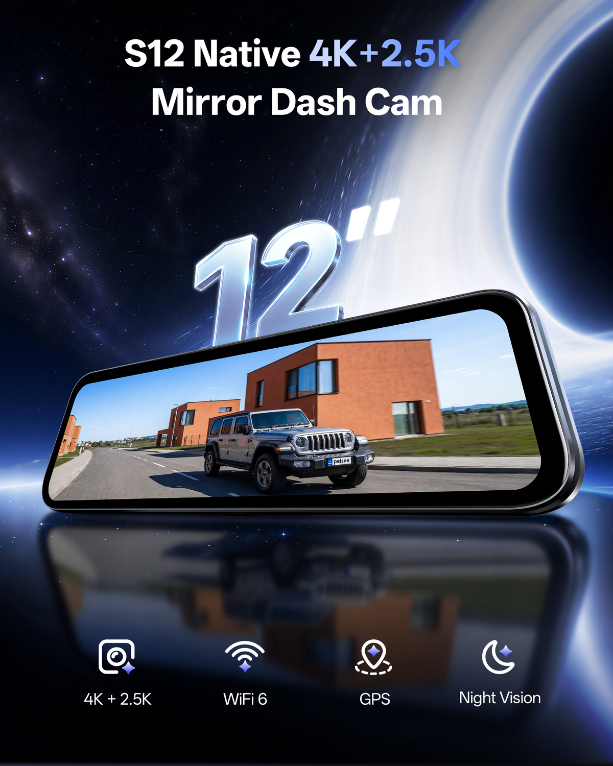 Pelsee S12 Native 4K + 2.5K Rear View Mirror Camera Wide-Angle Version
