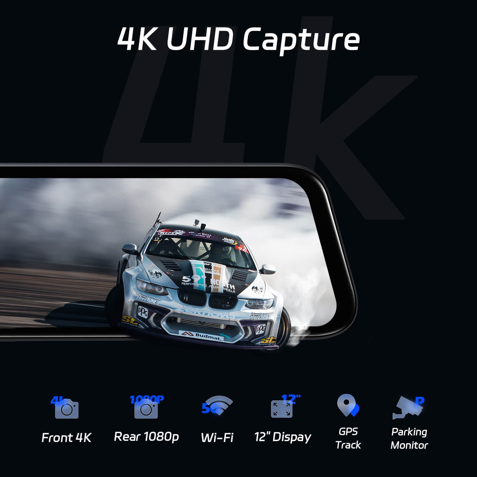 P12 Plus 4K WiFi Rear View Mirror Camera, 12" Mirror Dash Cam Front and Rear with ADAS and BSD, Backup Camera for Car, GPS, 64GB Card Included, WDR Night Vision, Voice Control