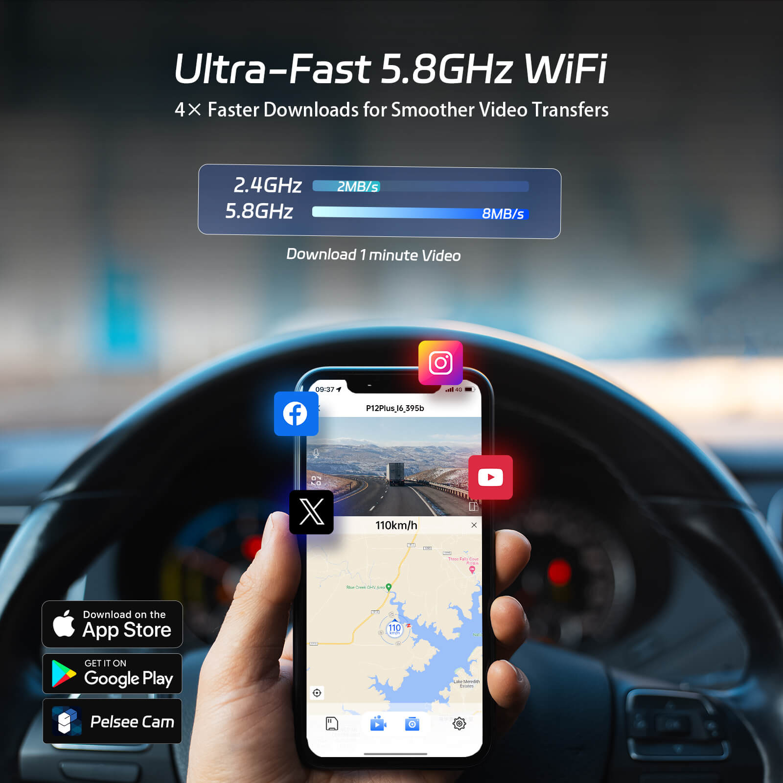 P12 Plus 4K WiFi Rear View Mirror Camera, 12" Mirror Dash Cam Front and Rear with ADAS and BSD, Backup Camera for Car, GPS, 64GB Card Included, WDR Night Vision, Voice Control