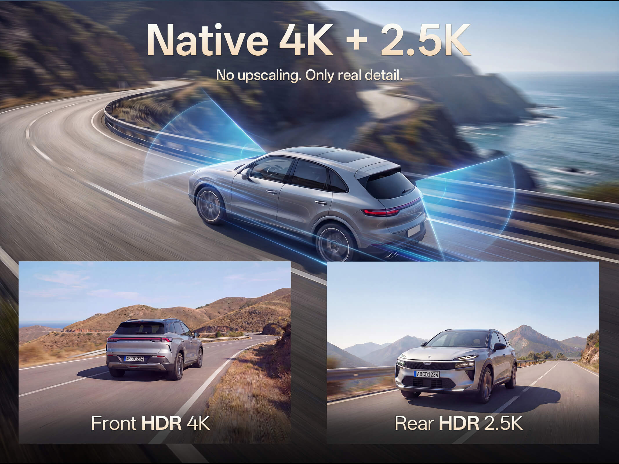 Car driving on a scenic road with 'Native 4K + 2.5K' text overlay.