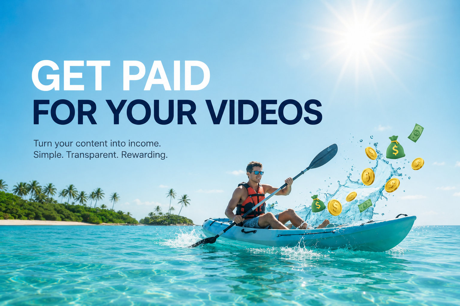 Person kayaking in clear blue water with text overlay about earning money from videos.