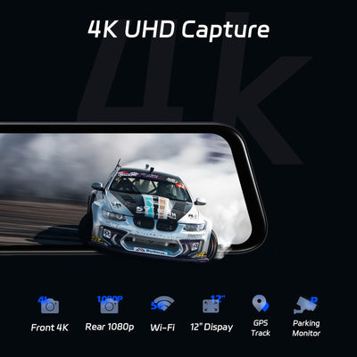 P12 Plus 4K WiFi Rear View Mirror Camera, 12" Mirror Dash Cam Front and Rear with ADAS and BSD, Backup Camera for Car, GPS, 64GB Card Included, WDR Night Vision, Voice Control