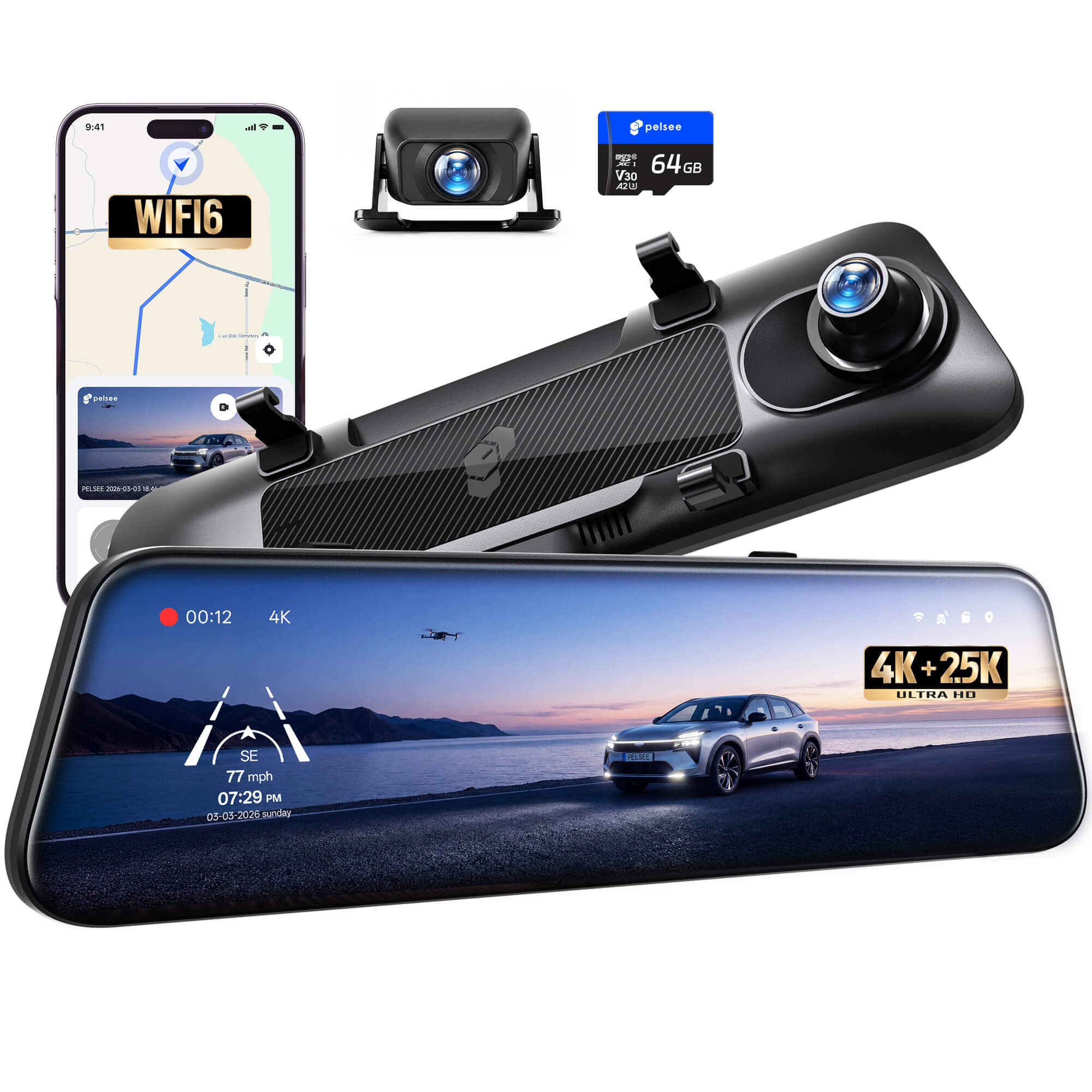 Pelsee S12 Native 4K + 2.5K Rear View Mirror Camera Telephoto Version
