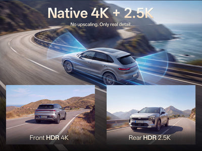 Car driving on a scenic road with 'Native 4K + 2.5K' text overlay.