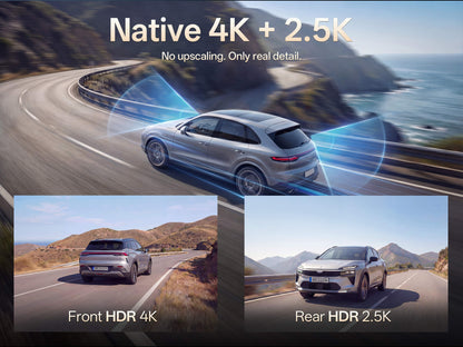 Car driving on a scenic road with 'Native 4K + 2.5K' text overlay.