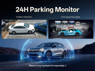Car with 24-hour parking monitor features including collision detection and time-lapse recording.