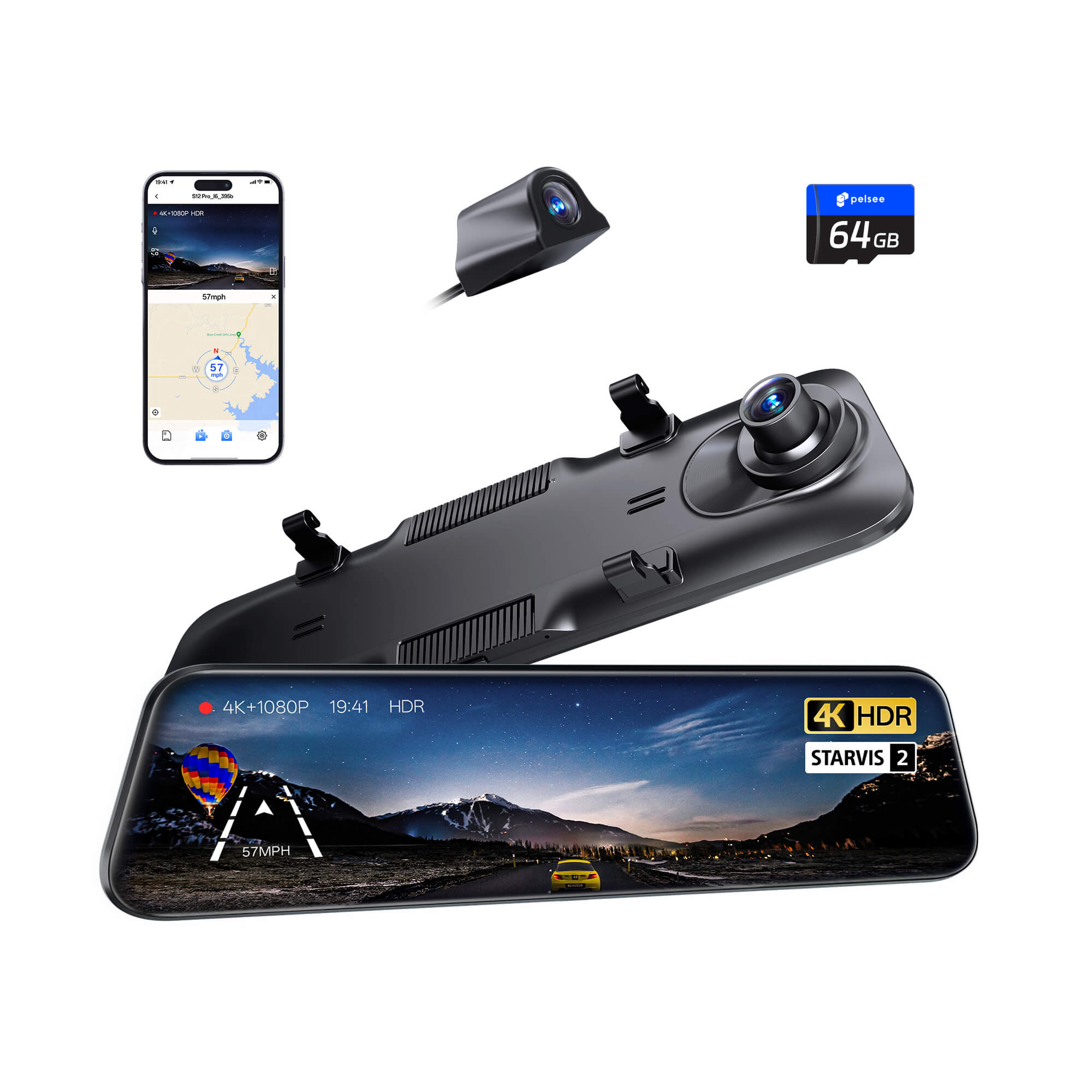 Pelsee S12 Pro Mirror Dash Cam with STARVIS 2 Sensor