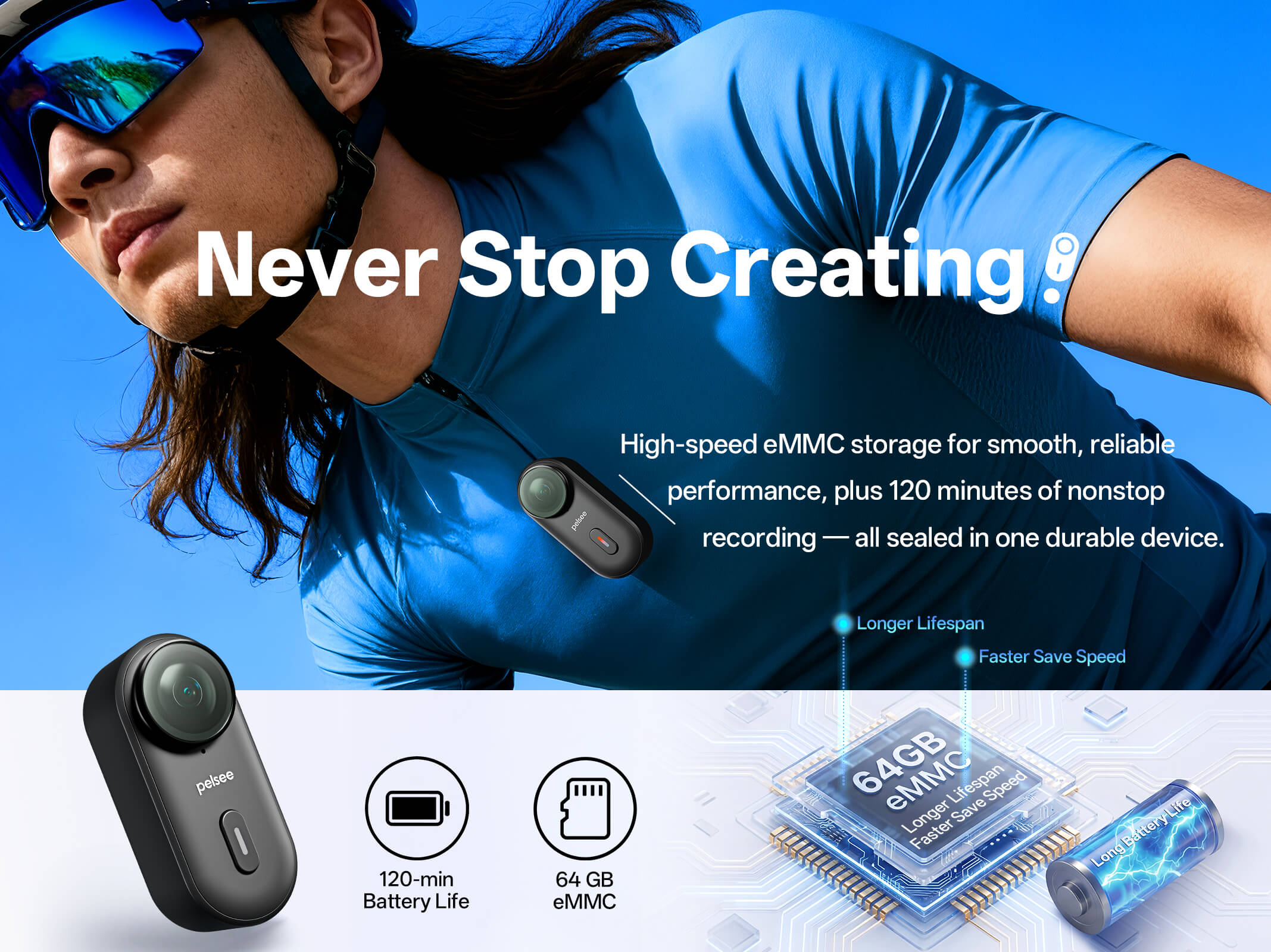 Pelsee Clip1 Mini Action Camera Hands-Free POV Cam with Stabilization